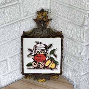VTG Cast Iron Ceramic Tile Footed Trivet PEACHES in Brandy Rustic MCM Farmhouse
